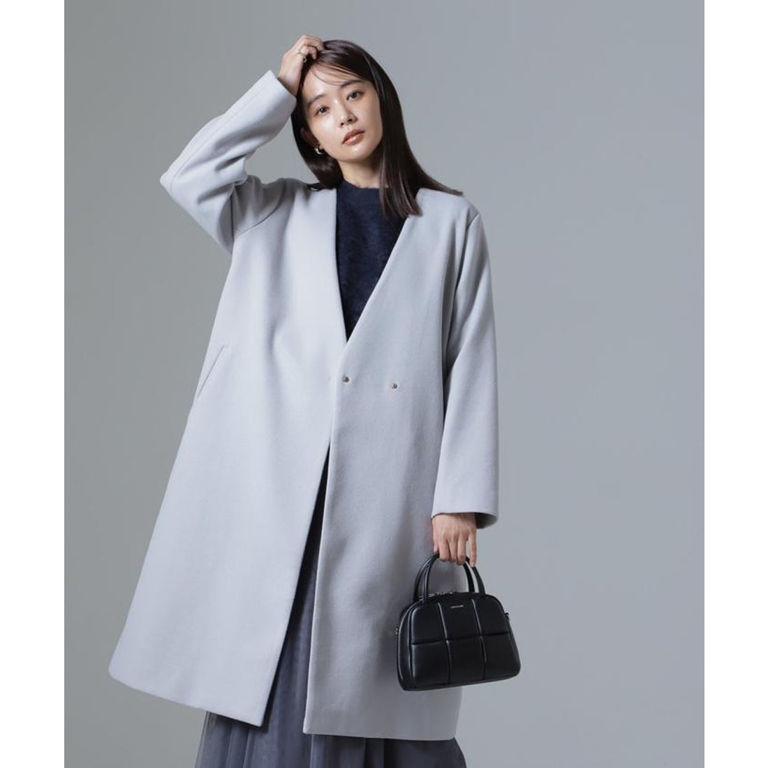 ナノ・ユニバース NANO universe Vネックノーカラーコート （グレー