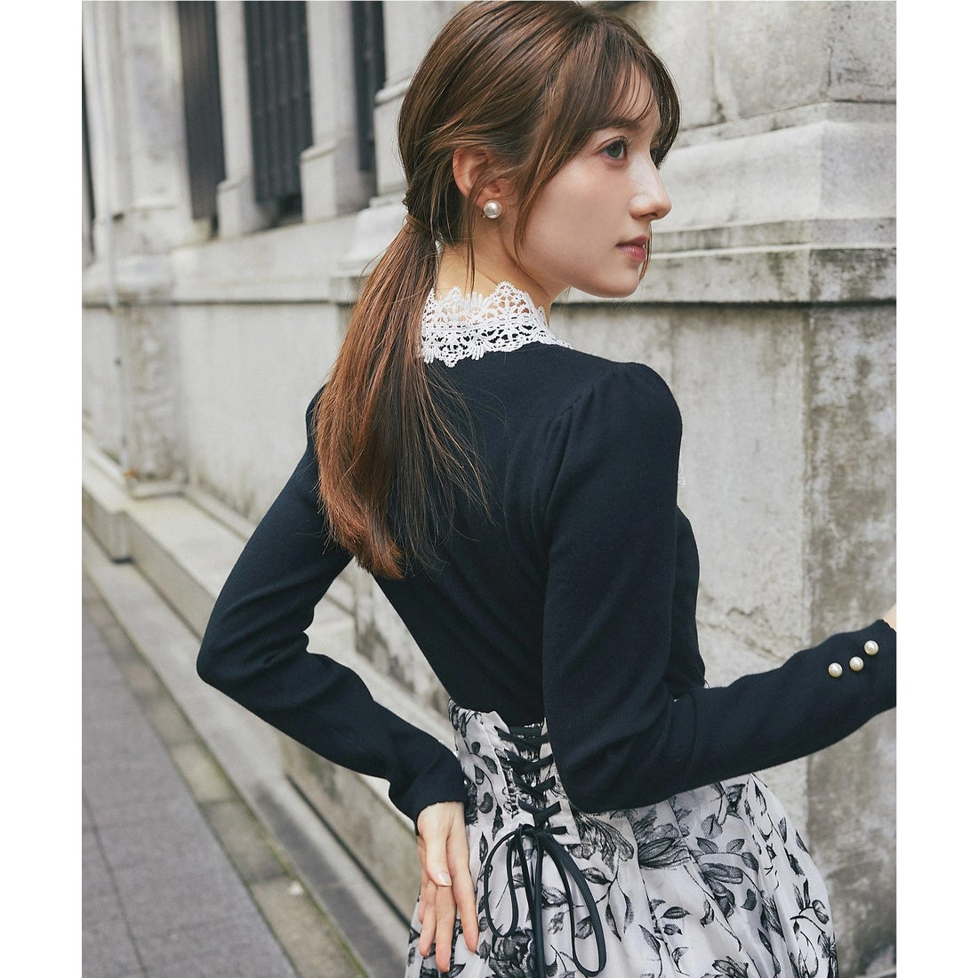 トッコクローゼット tocco closet レースボウタイリボン付き配色ニット