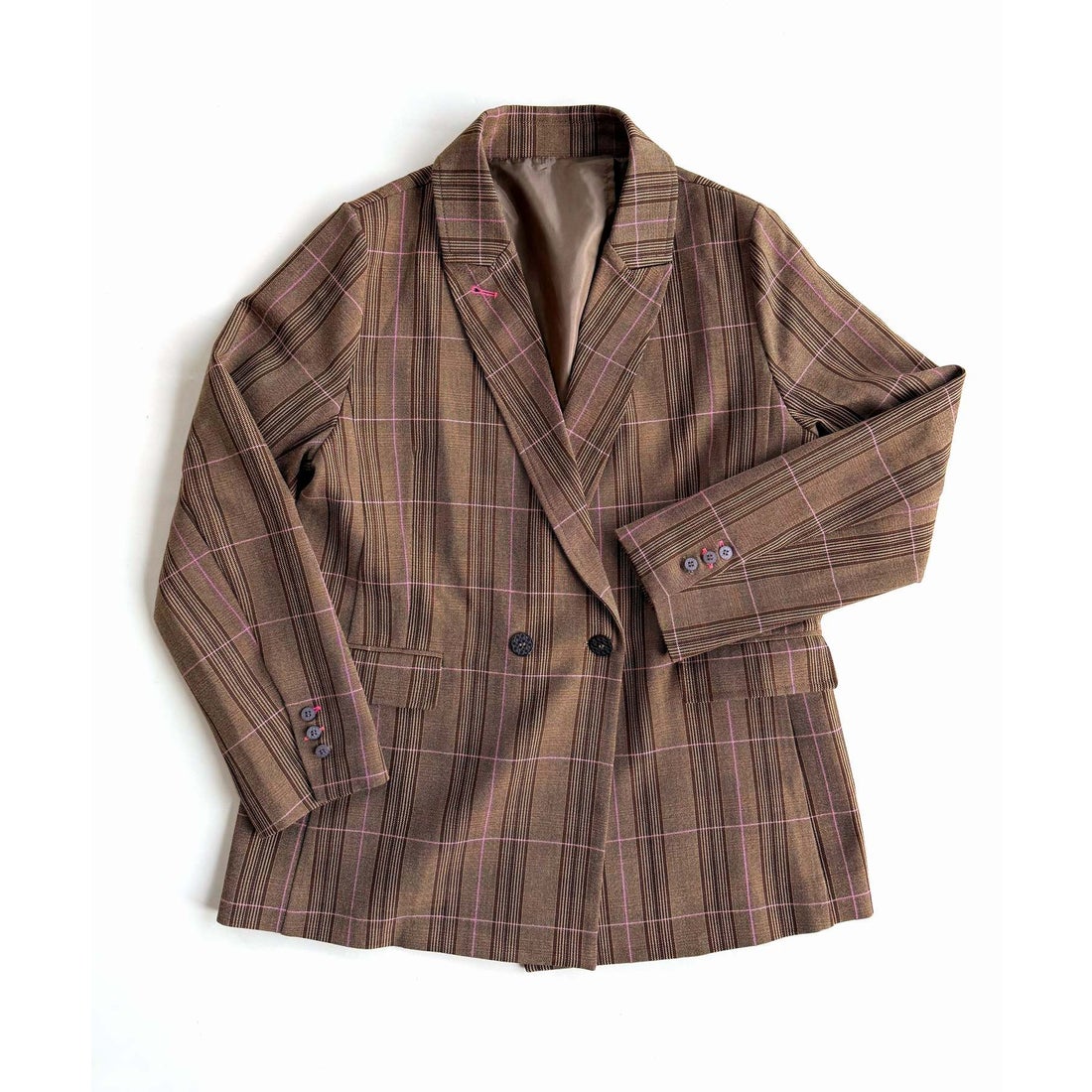キュー Q ダブルブレストチェックジャケット （ブラウンチェック