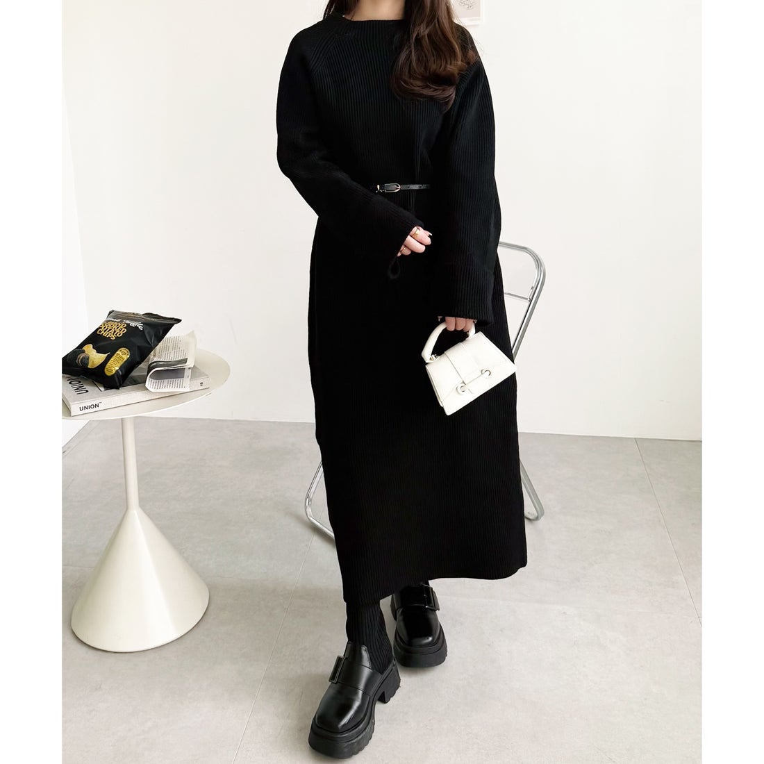 ジーラ GeeRA 前後2WAYハーフジップニットワンピース （ブラック） -靴