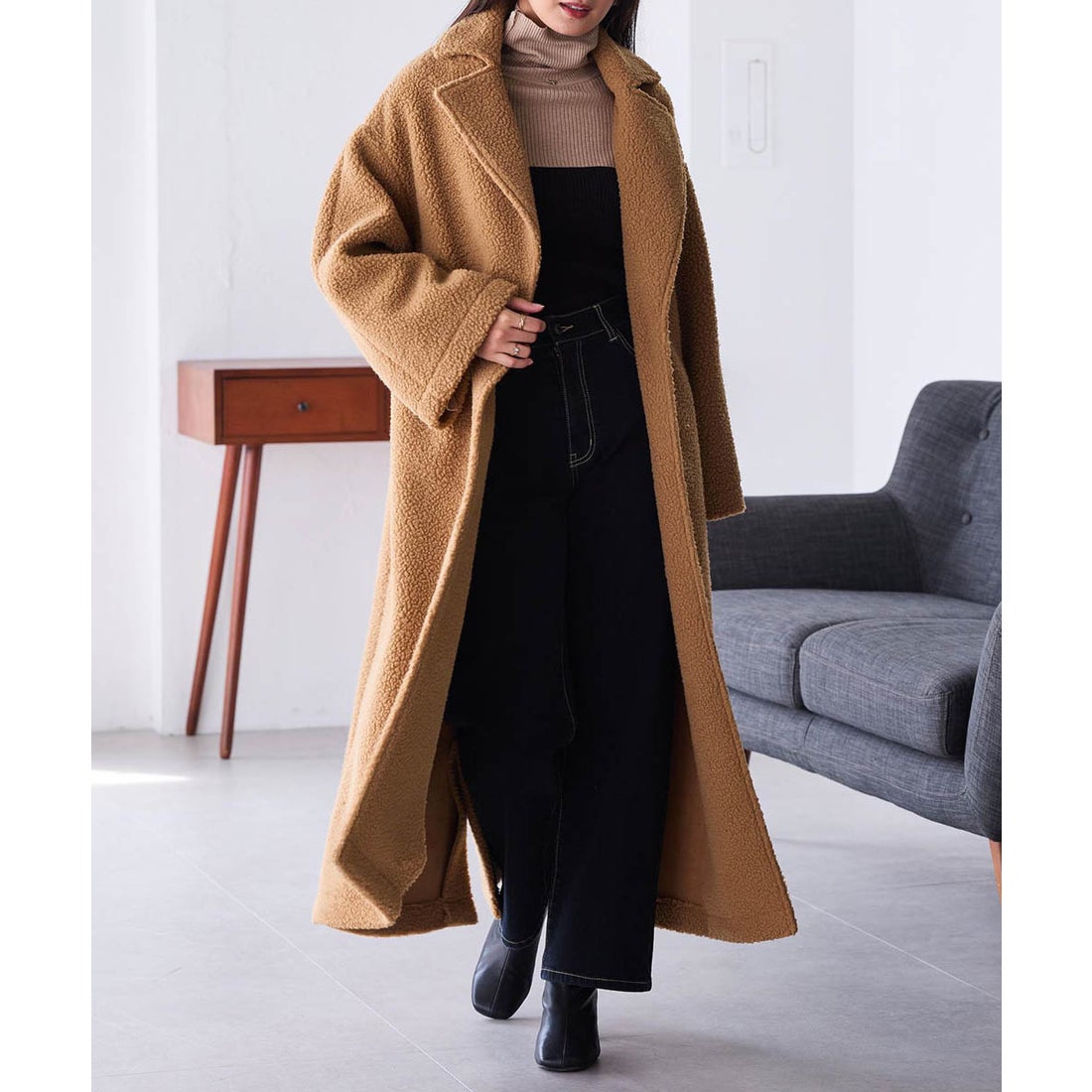 ラナン RANAN ムートンライクボアロングコート （キャメル