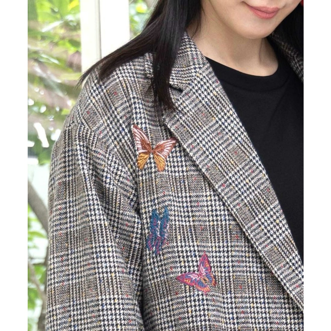 スカラー ScoLar 花蝶刺繍のオーバーサイズ チェック柄ジャケット