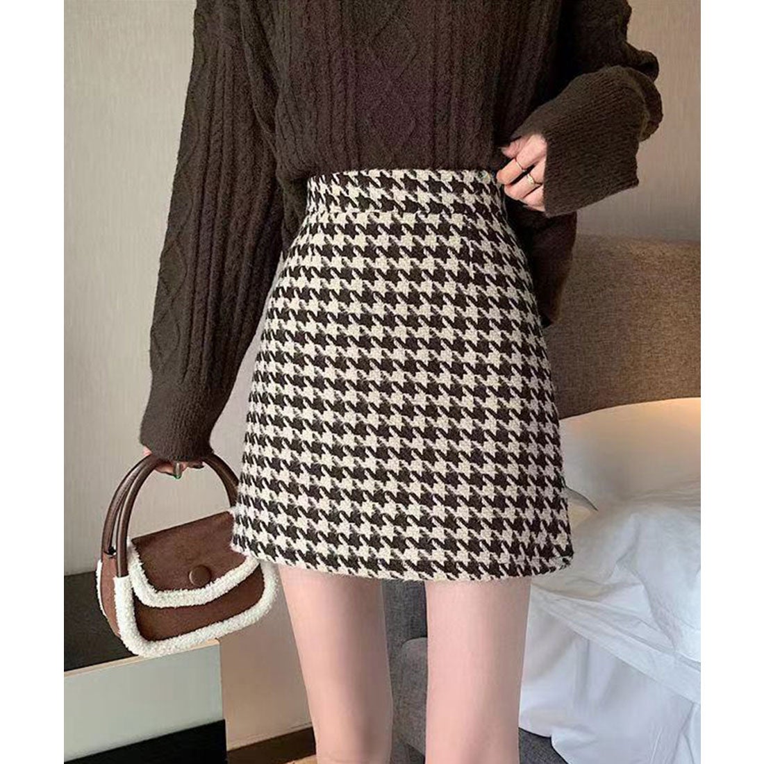 エスイーユー SEU 千鳥柄ツイードハイウエストミニスカート Aライン