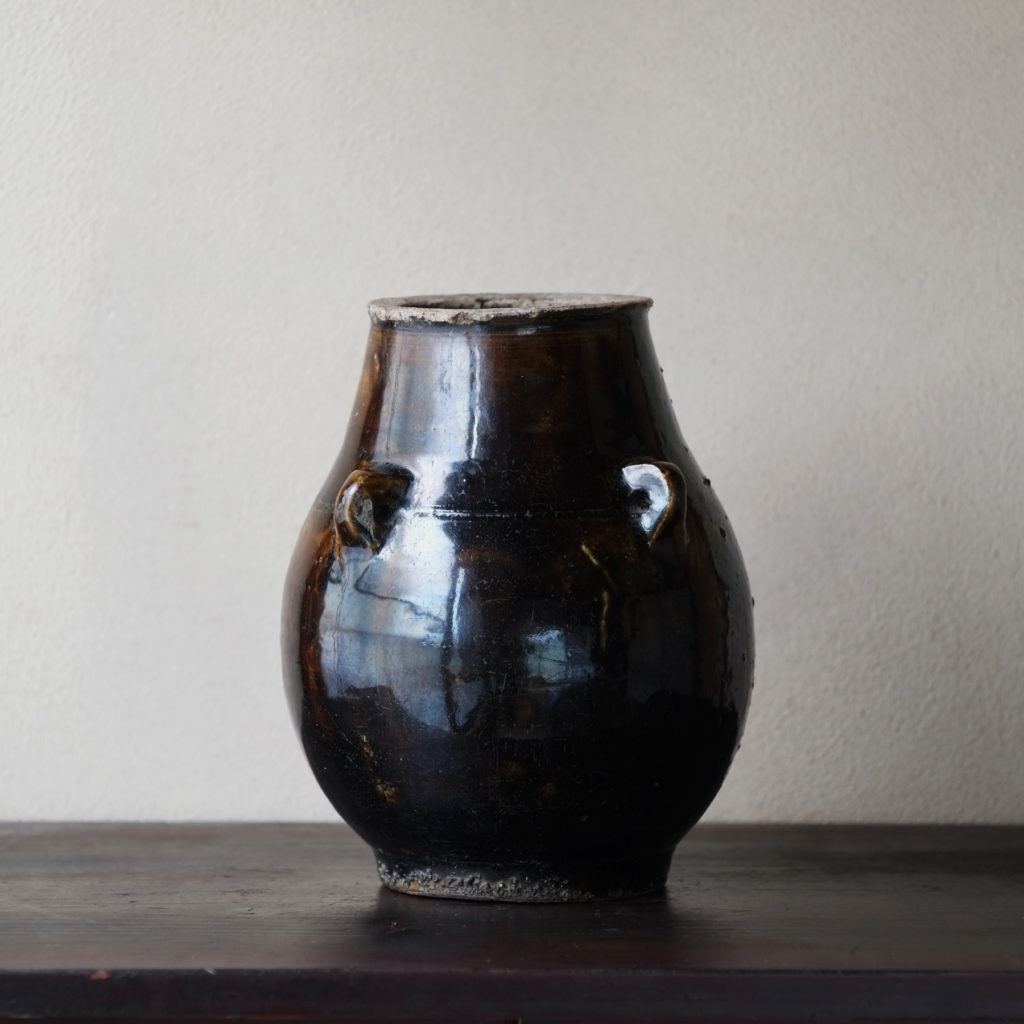 壺 三耳 モスグリーンと黒の釉薬雨垂れ 骨董 Ag-235 壺 三耳 モス