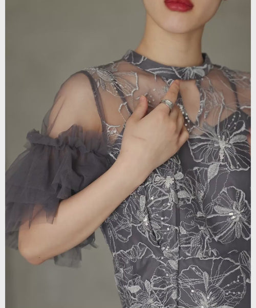 スパンコール刺繍レースドレス キーホールネック 結婚式 成人式 同窓会