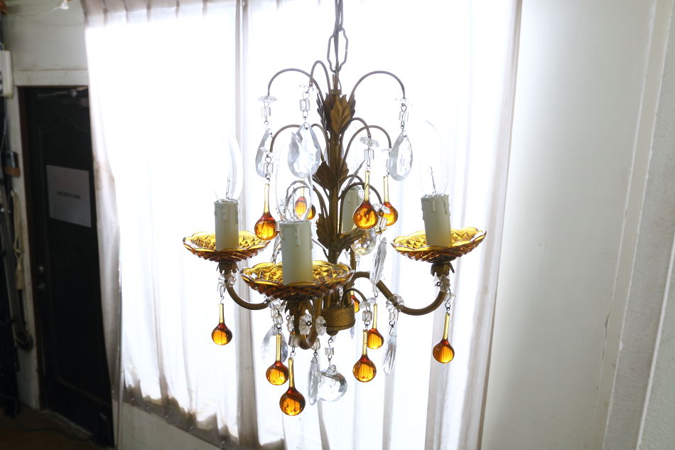 ムラーノアンバーガラス&クリアドロップ ゴールドギルトシャンデリア(4