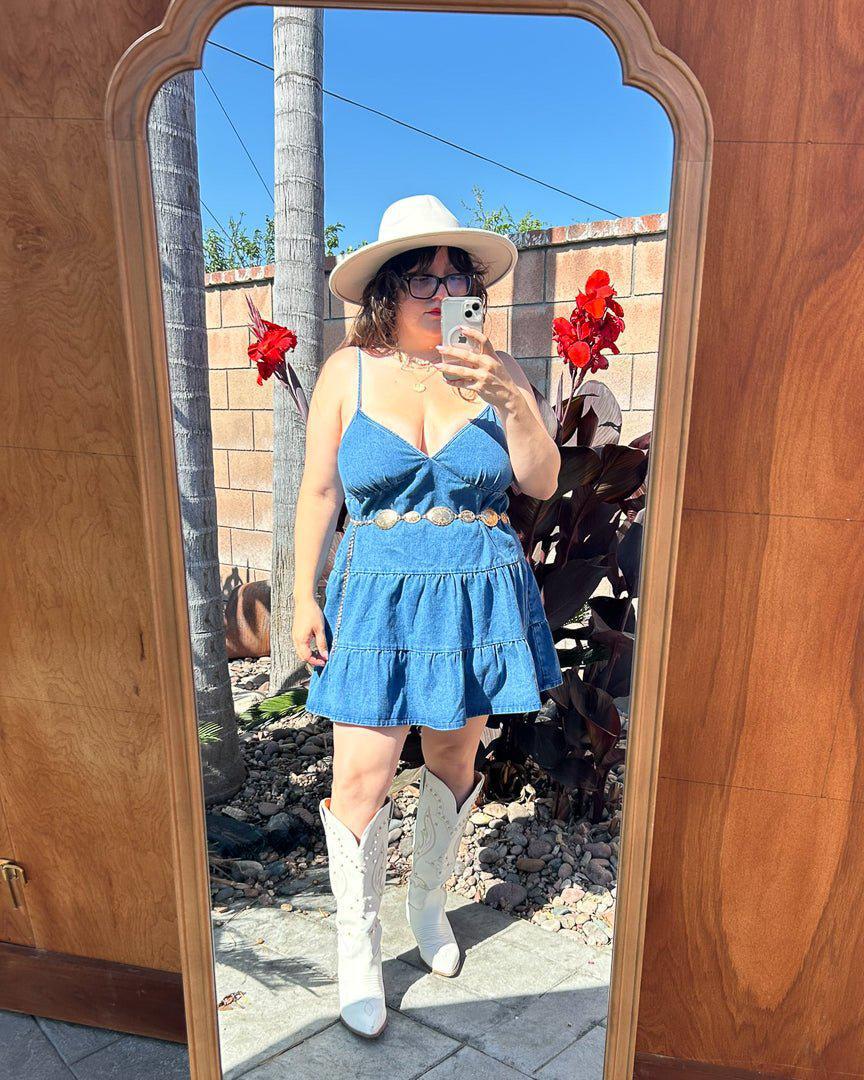 Medium Wash Tiered Denim Mini Dress – Cindy Jane Boutique