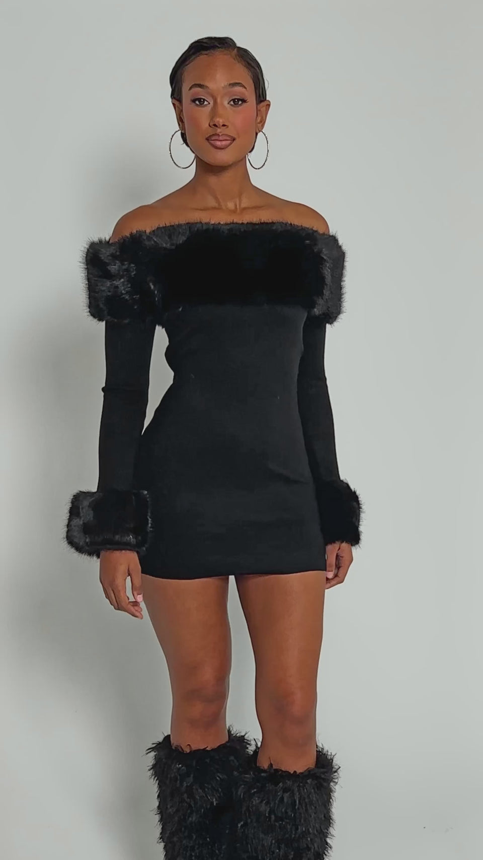 COMFY COZY FUR TRIM MINI DRESS IN BLACK – AKIRA