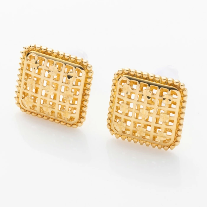 K18 YG 透かし 中空 スクエア スタッドピアス ボタン ピアス 18金