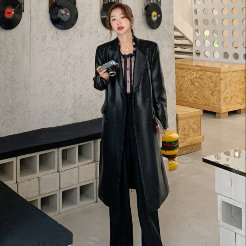 ダブルブレストPUレザーコート (黒) 秋/冬 クールな大人のアウター