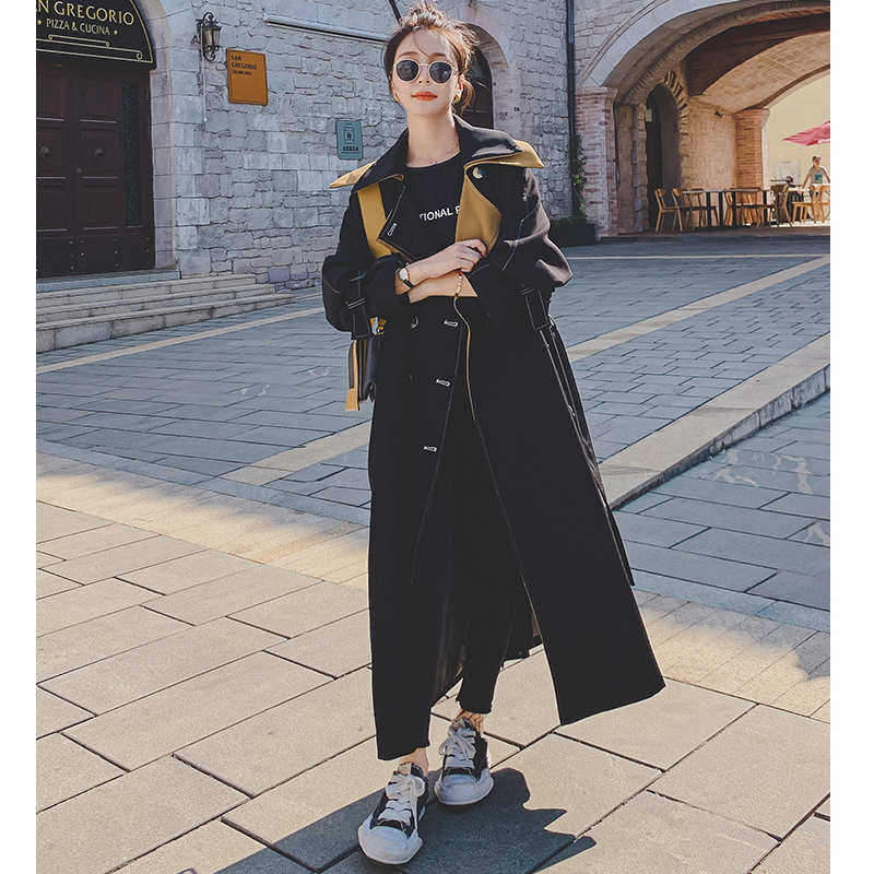 レイヤード風ステッチ入りロングトレンチコート