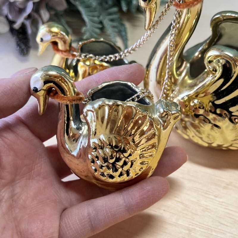 白鳥の親子の置物 スワン小物入れ ゴールド 昭和インテリア vintage