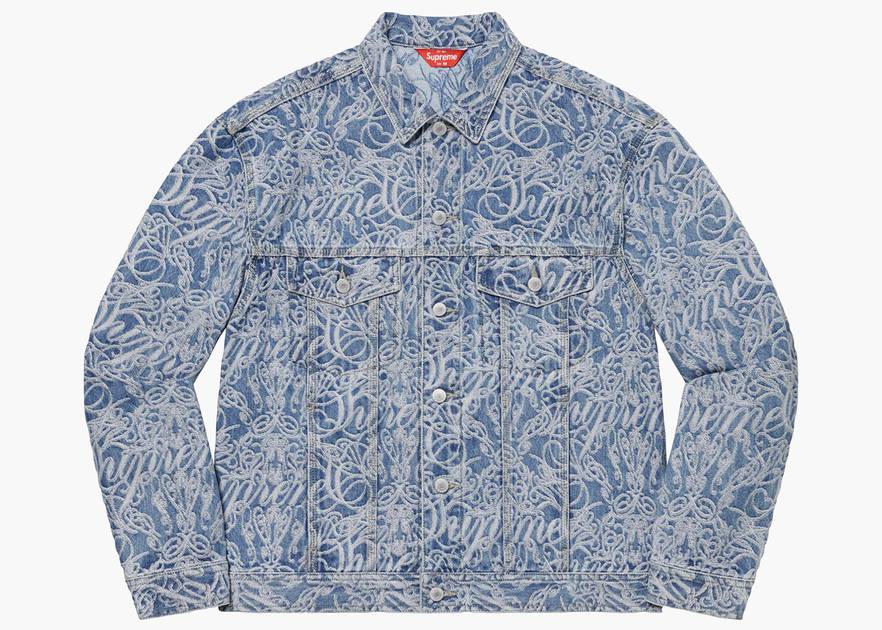 Supreme Script Jacquard Denim Trucker Jacket Washed Blue | Hype
