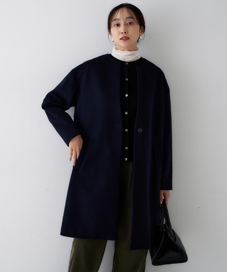 ゆったり/軽やか】カシミヤ混ノーカラーコート（ノーカラーコート