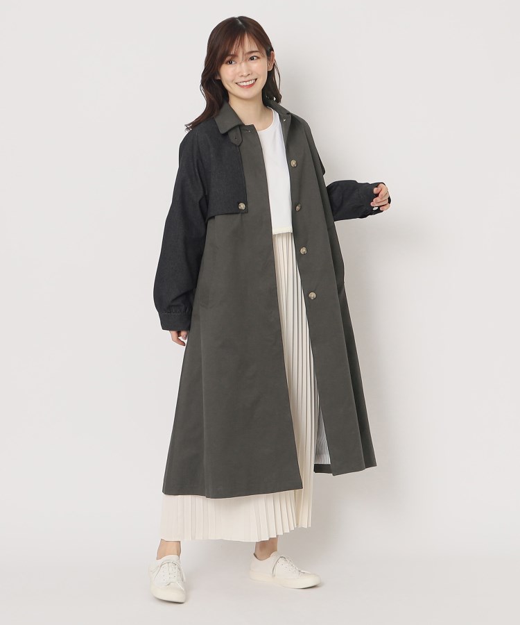 秋も着たい！】デニム切り替えステンカラーコート（ステンカラーコート
