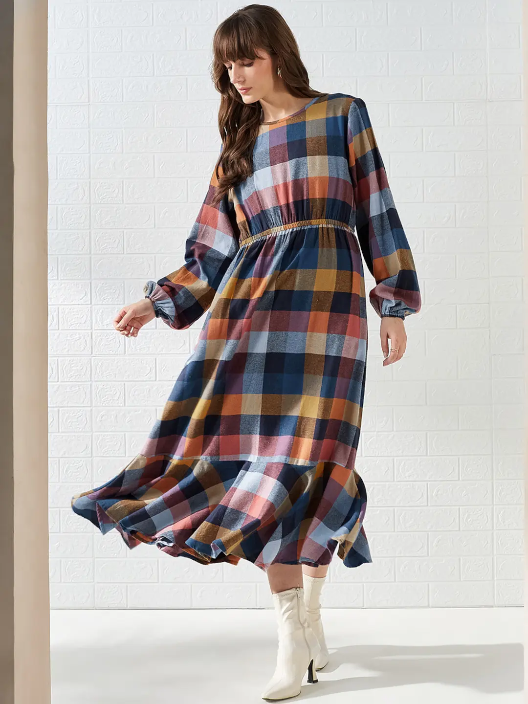 Balloon Sleeves Pre Winter Flannel Check Dress | ADFYCLD-1755