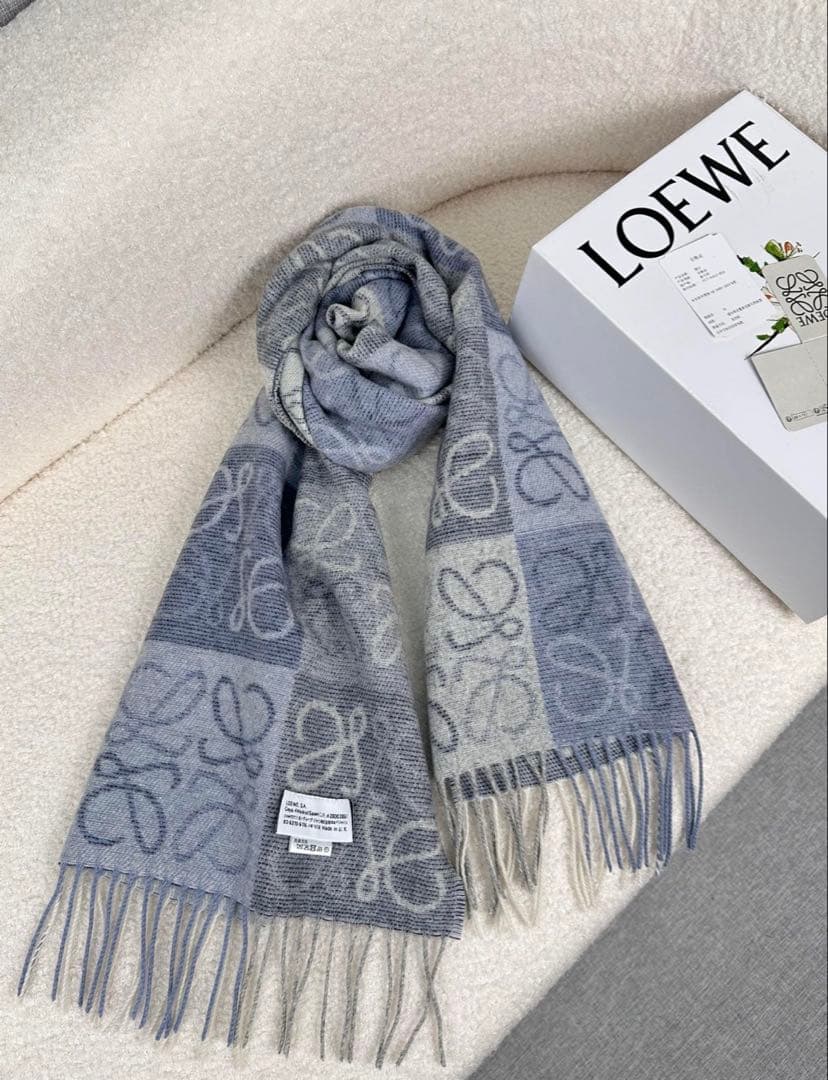 LOEWE チェックデザインウールスカーフ グレー＆ブルー LOEWE グレー・ブルーのチェック柄ウールスカーフ