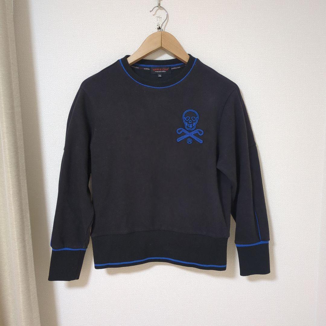★美品★MARK&LONA　トレーナー　サイズ　36 超美品】マークアンドロナ セーター 白×ブルー 総柄 スカル ニット