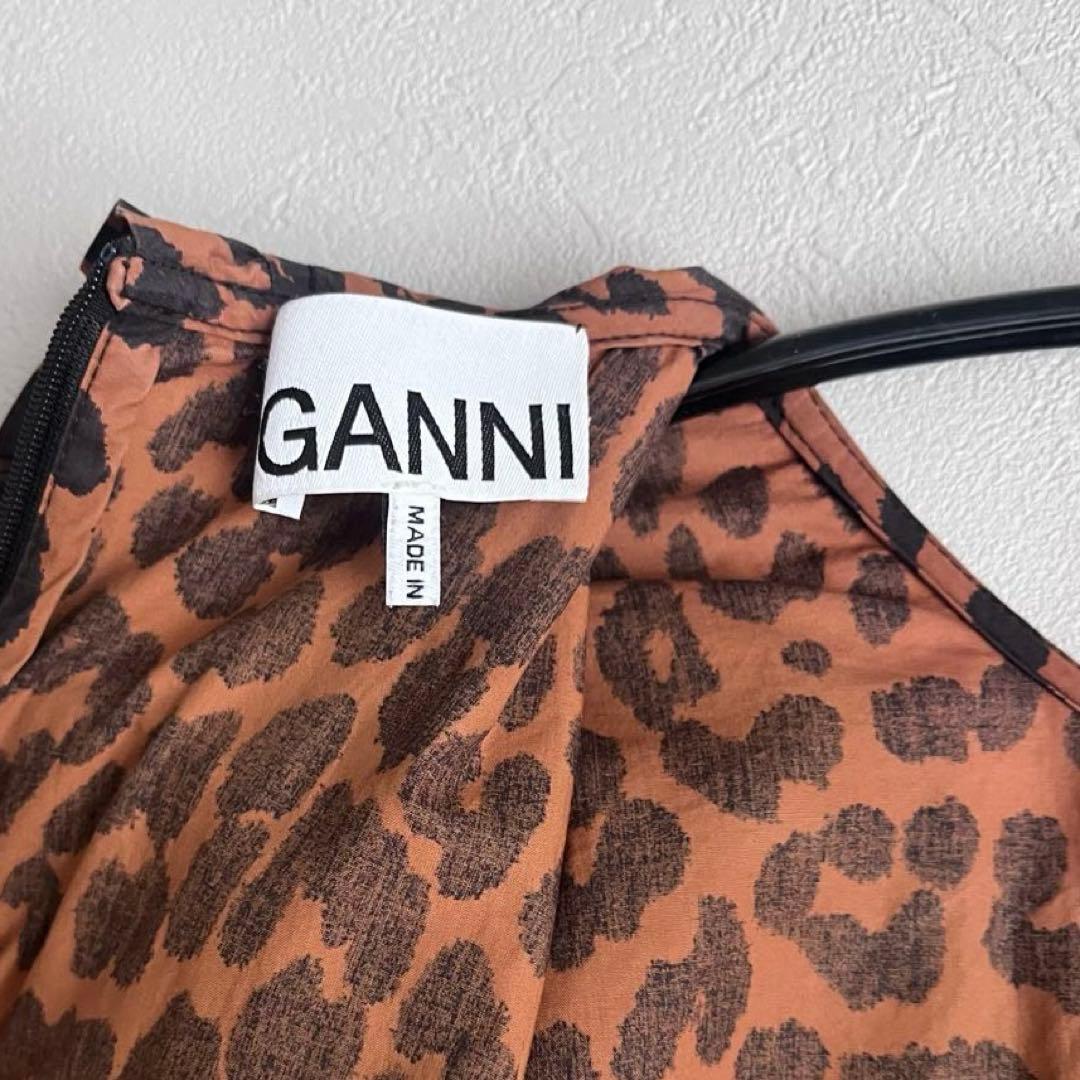 美品】GANNI レオパード柄 フリル襟ミニ丈ワンピース総柄派手個性的