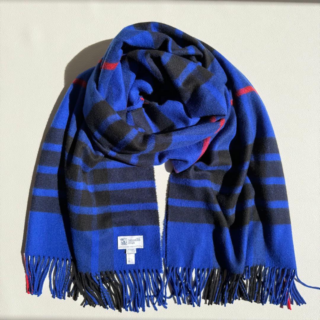 美品 ジョンストンズ 大判 ストール マフラー カシミヤ 青 チェック