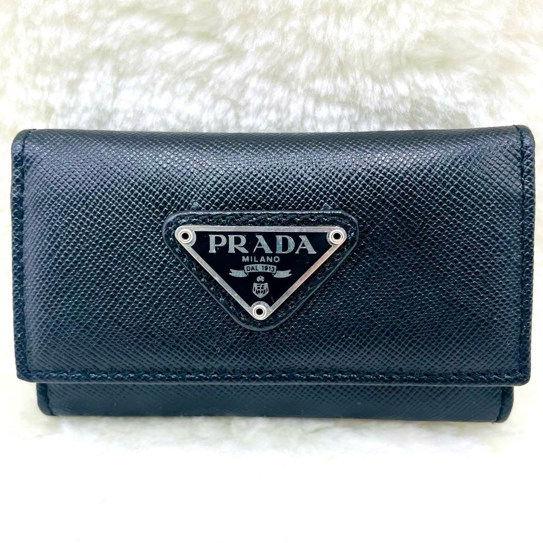 極美品 PRADA 6連 キーケース 三角ロゴ サフィアーノ ブラック 付属品
