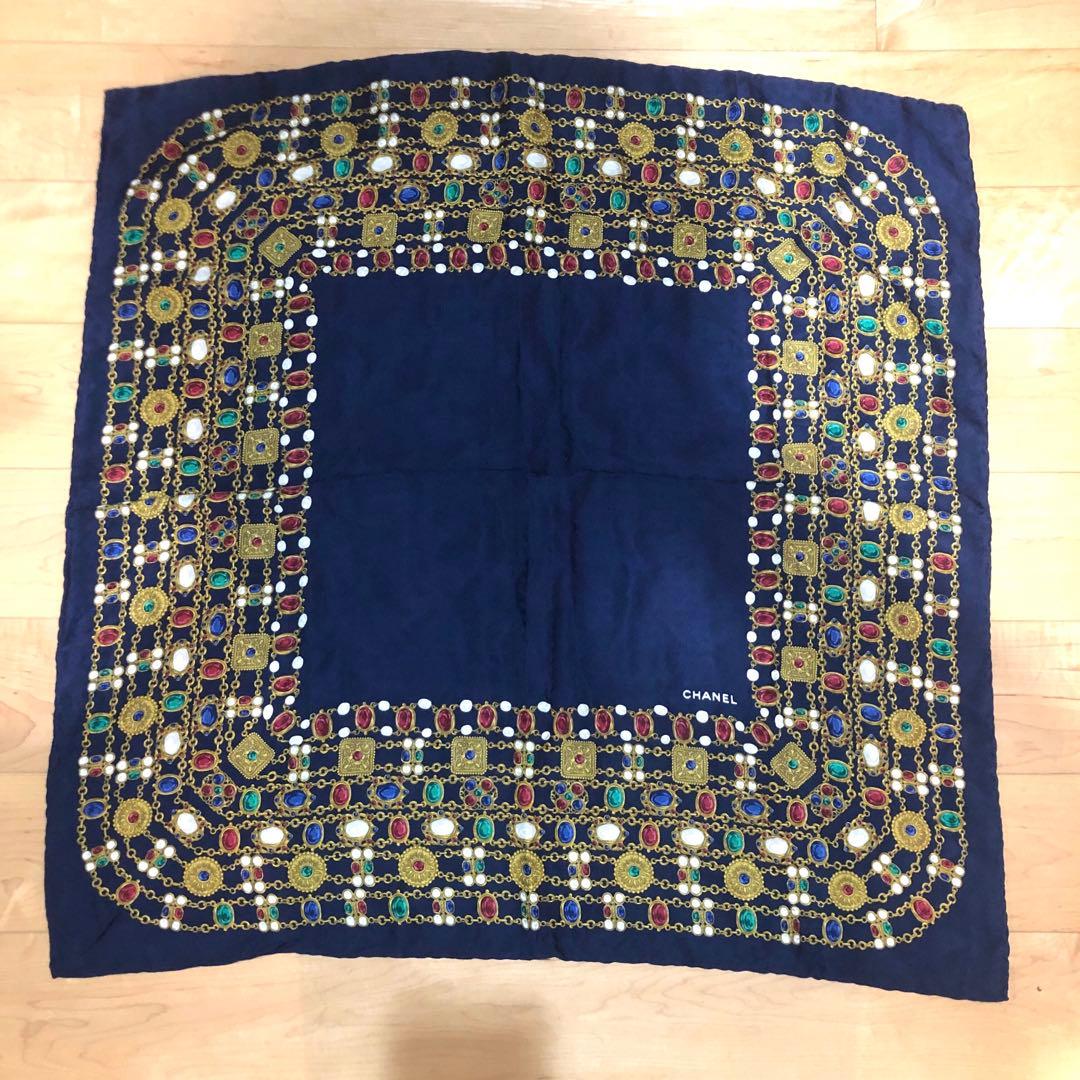 CHANELシャネルシルクスカーフココマークアクセサリー柄ネイビー