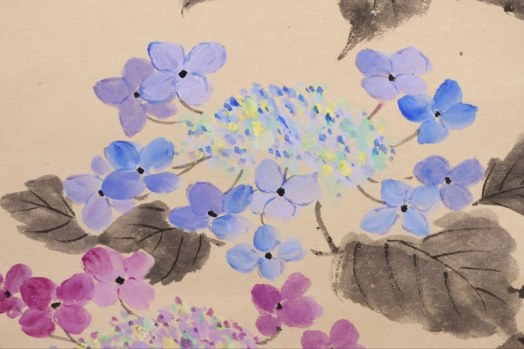 真作】日本画 大野紅節 紫陽花 水巴句 俳画 紙本 掛軸 昭和 MB168