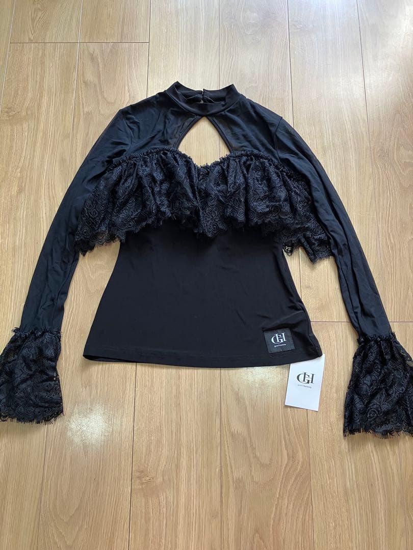社交ダンス　gentil ジャンティGH ブラック　ラッパ袖x胸フリルトップ 社交ダンス gentil ジャンティGH ブラック ラッパ袖x胸フリルトップ