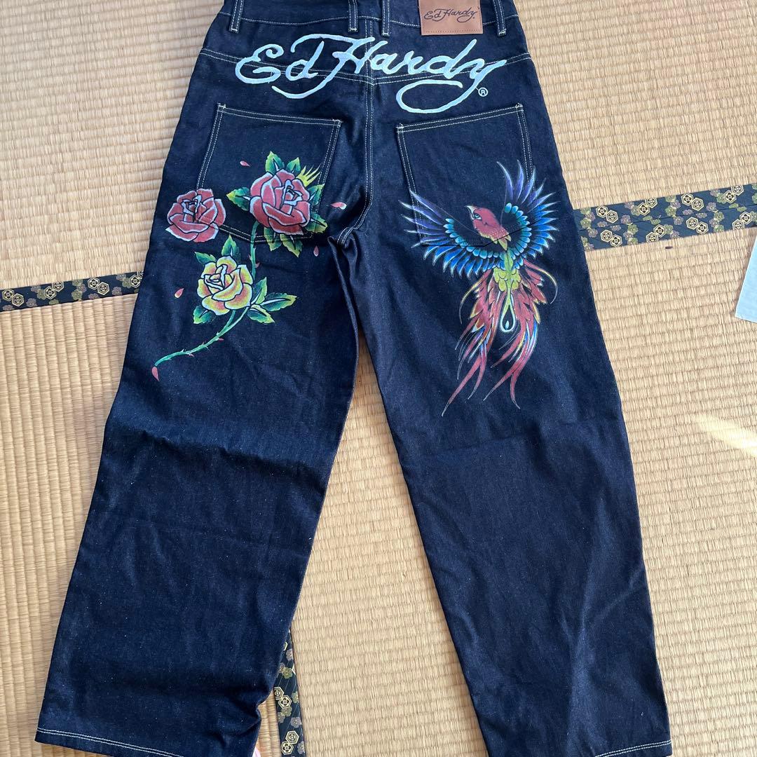 Ed Hardy 刺繍デザイン ダークデニム 32 Ed Hardy❤32インチ エドハーディー 濃紺デニムジーンズ タトゥー刺繍