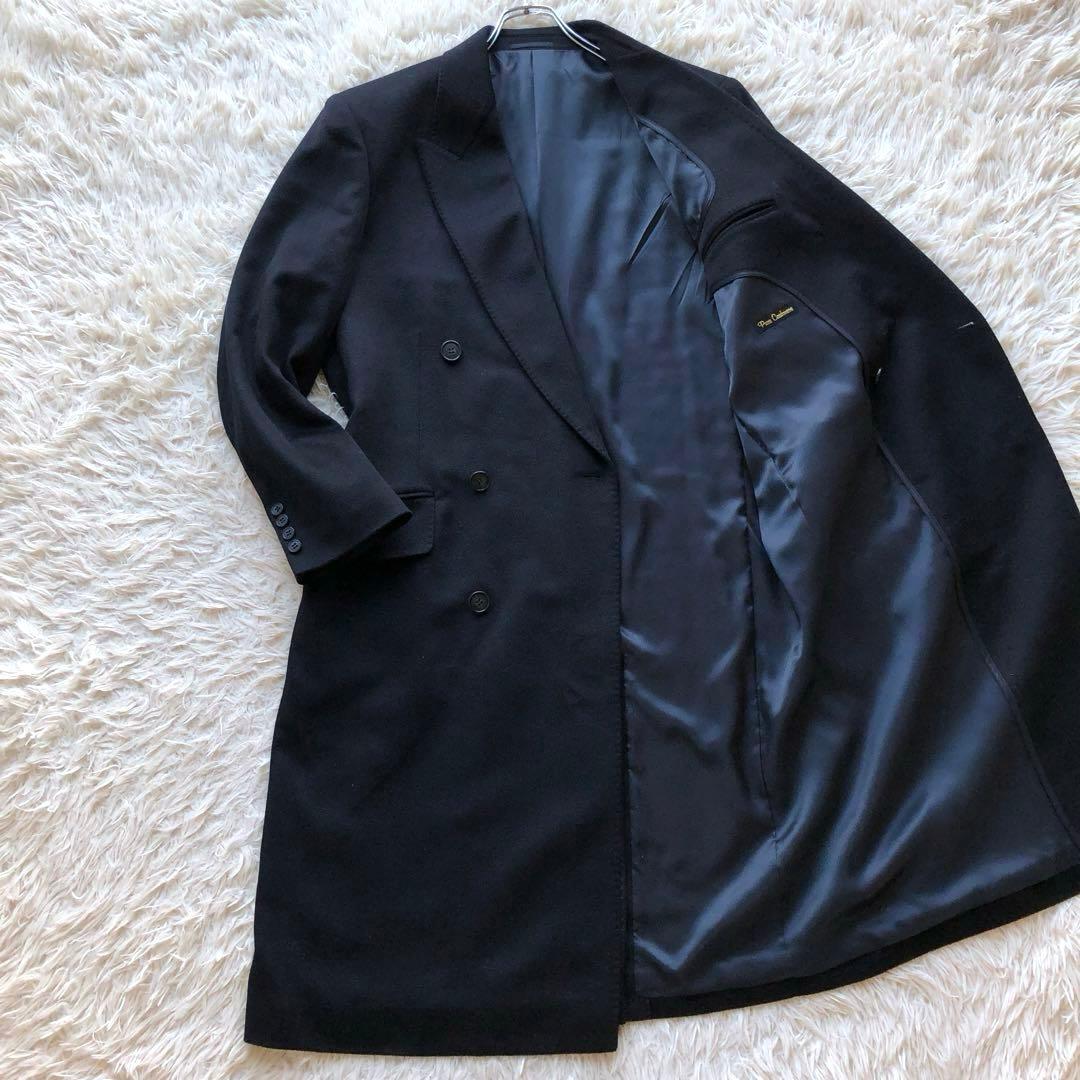 【未使用級 カシミヤ100%】ダブルチェスターコート　ネイビー　Lサイズ マキシ 希少】ダブルチェスターコート カシミヤ100% マキシ丈 Lサイズ