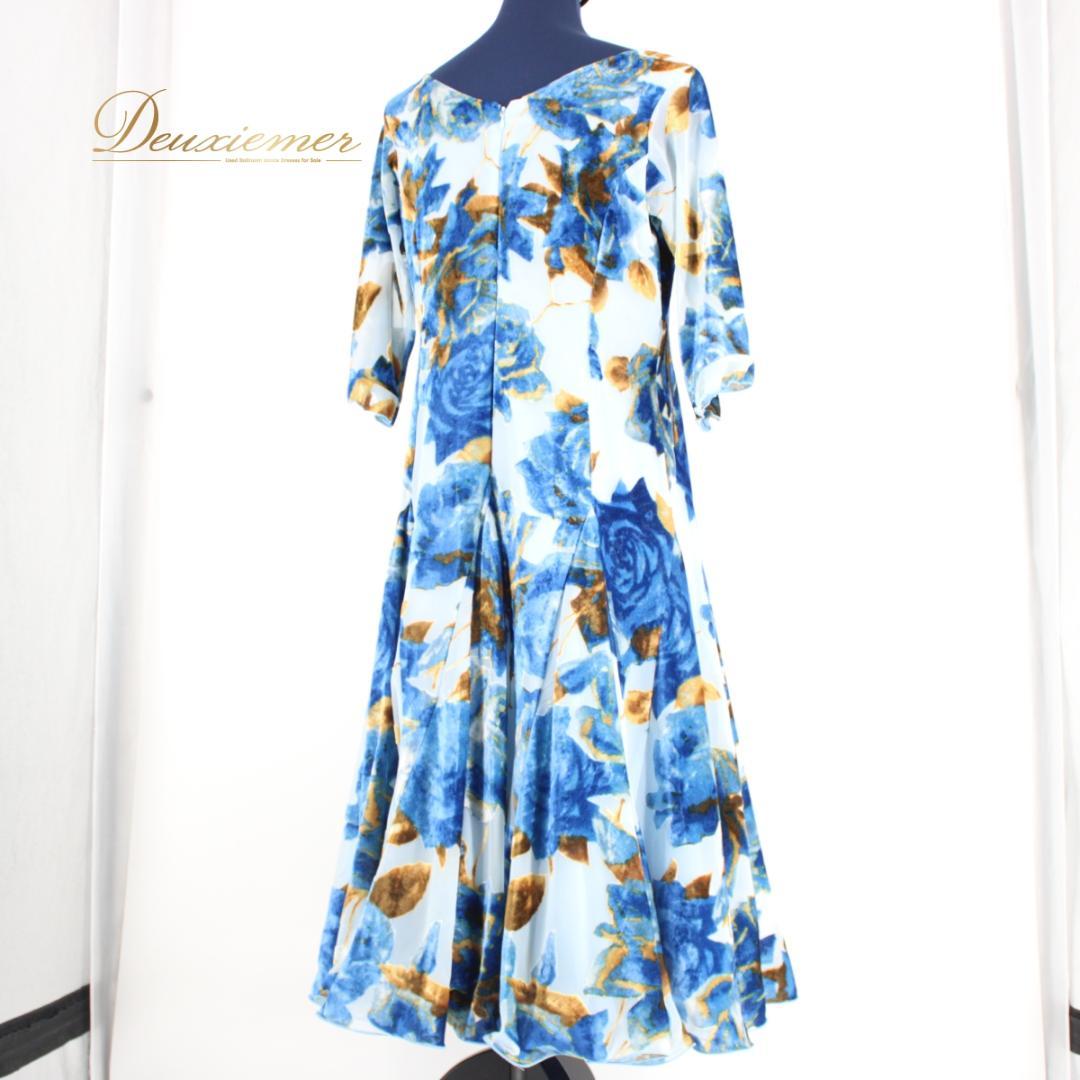 日本製社交ダンス衣装】ワンピース ドレス Lサイズ UNA 青 水色 茶色