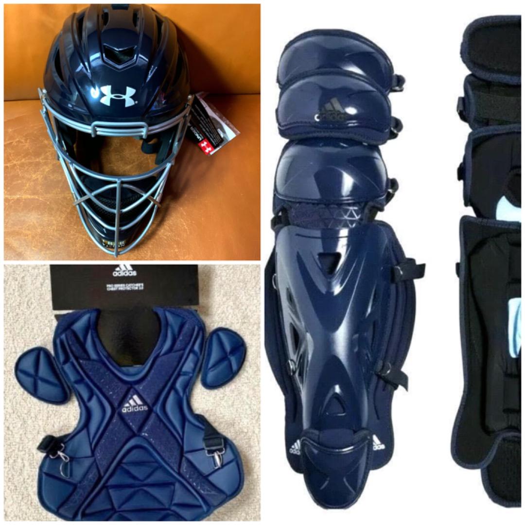 新品☆アメリカ国内限定☆UAマスク＋adidasプロテクター・レガース★紺 アメリカ国内発売最高級モデル USA アンダーアーマー キャッチャー