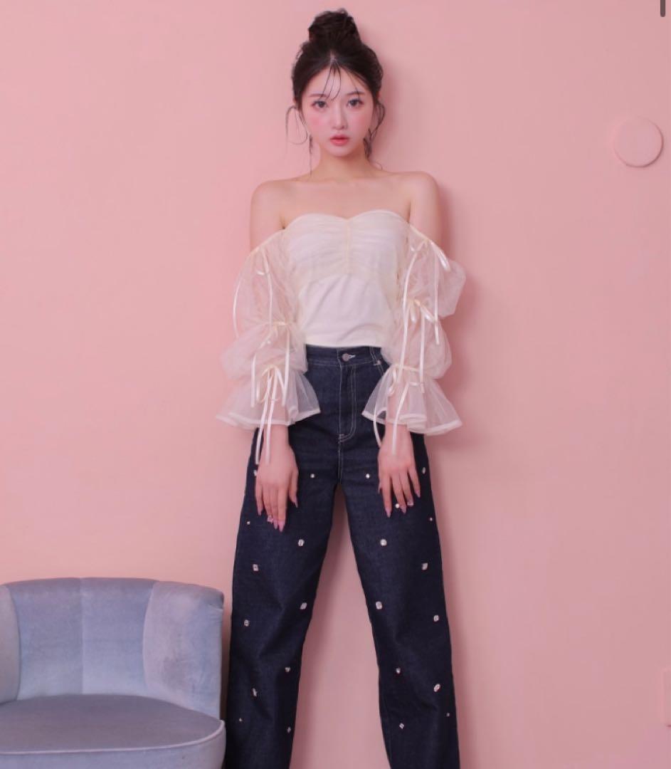 m me eme エムミーエメ Candy sleeve tulle tops