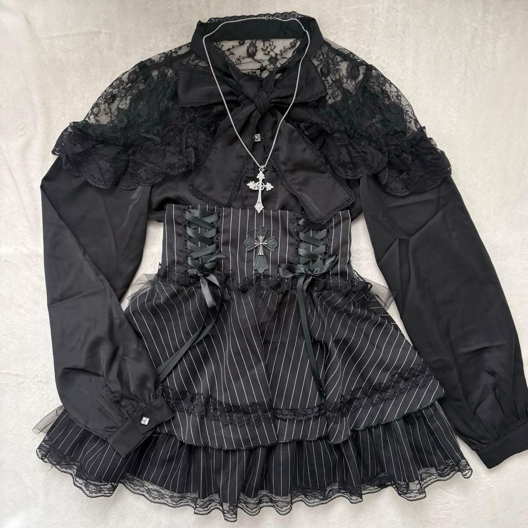地雷 マーズ リボン ブラウス 十字架 ティアード スカート セットアップ ❤︎ 地雷 ロジータ ブラウス 十字架 リボン マーズ フリル スカパン