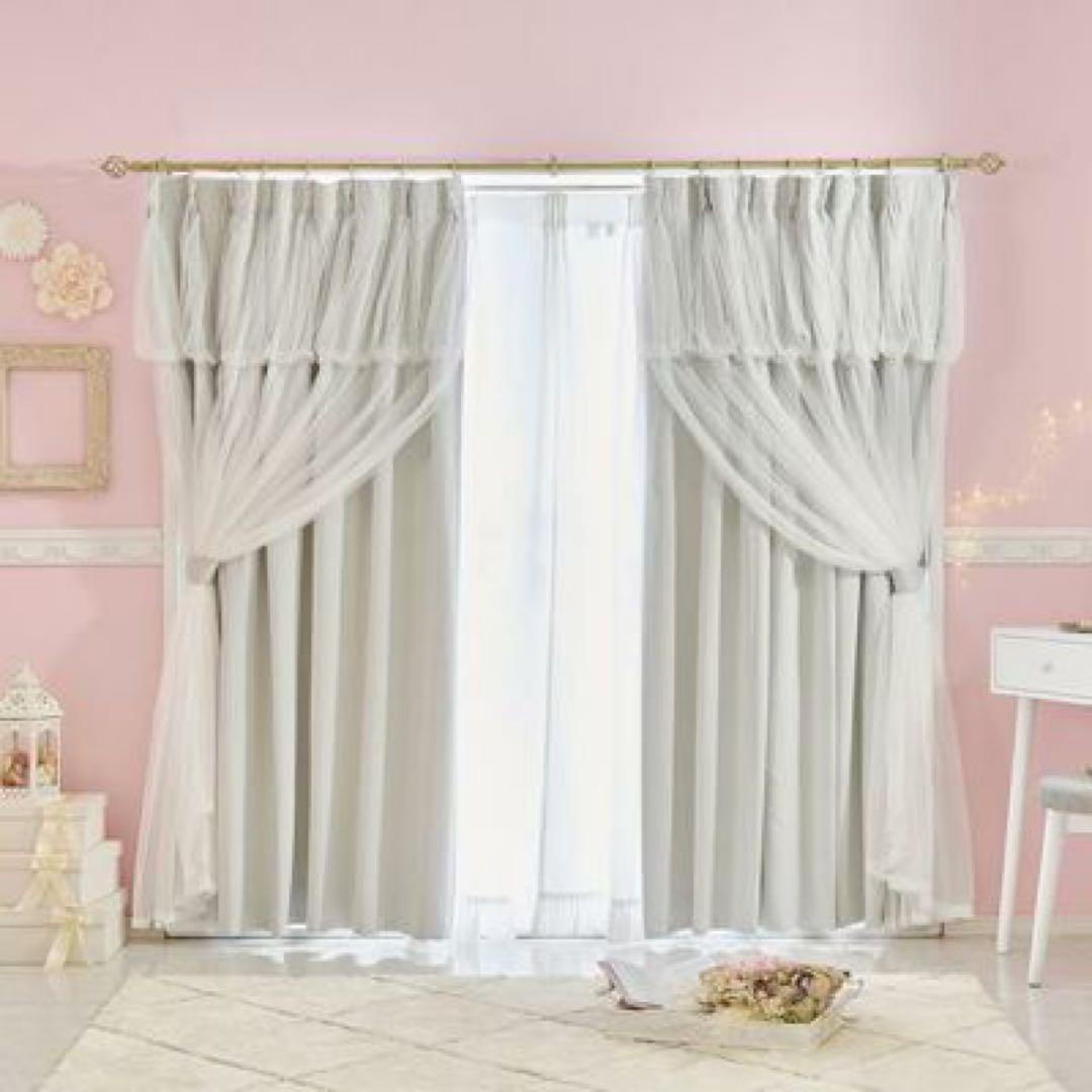 ロマプリ 上飾り付きレイヤード遮光カーテン グレー（幅100×200・2枚組） 上飾り付きレイヤード遮光カーテン/ライトグレー(幅100×丈110・135・2