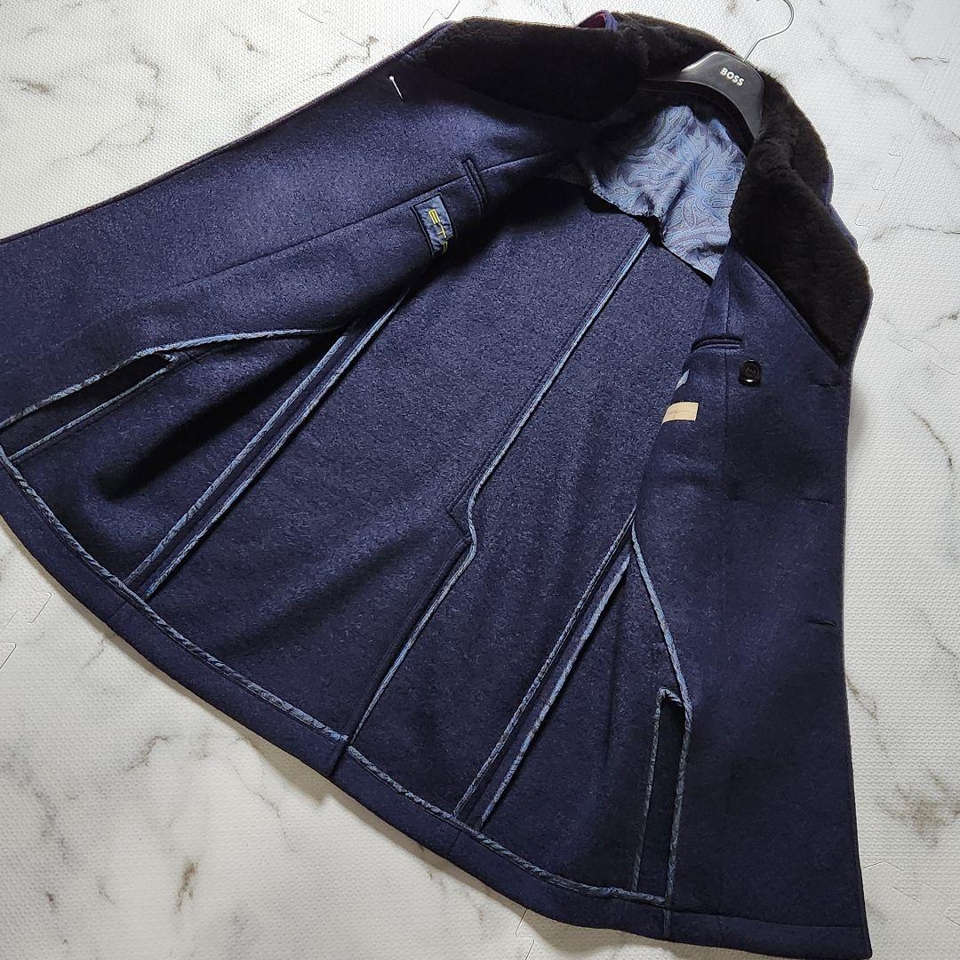 極美品✨エトロ チェスターコート ダブル 襟ムートン ペイズリー ネイビー