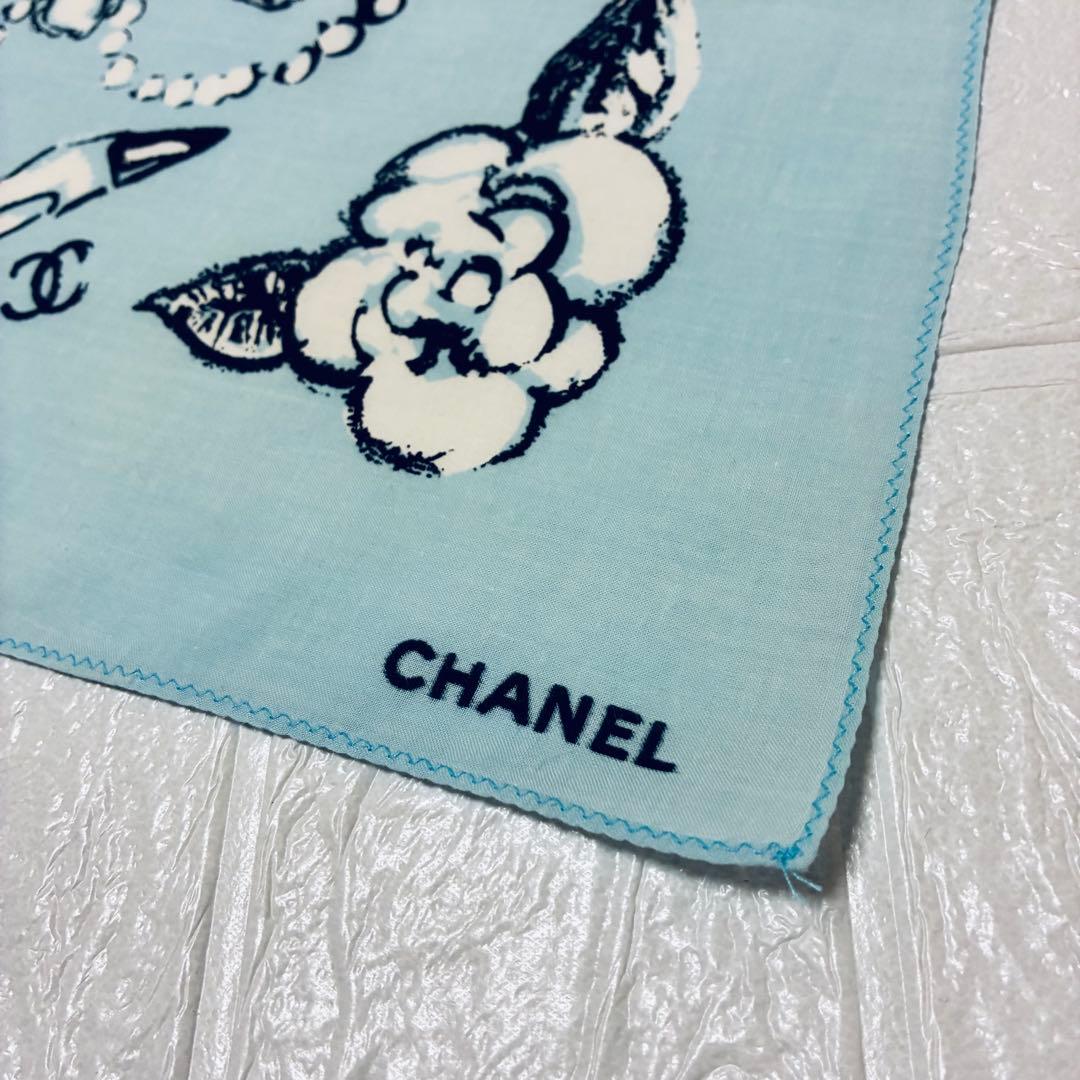 レア◇ CHANEL シャネル 水色 大判 ハンカチ 花柄 スカーフ バンダナ
