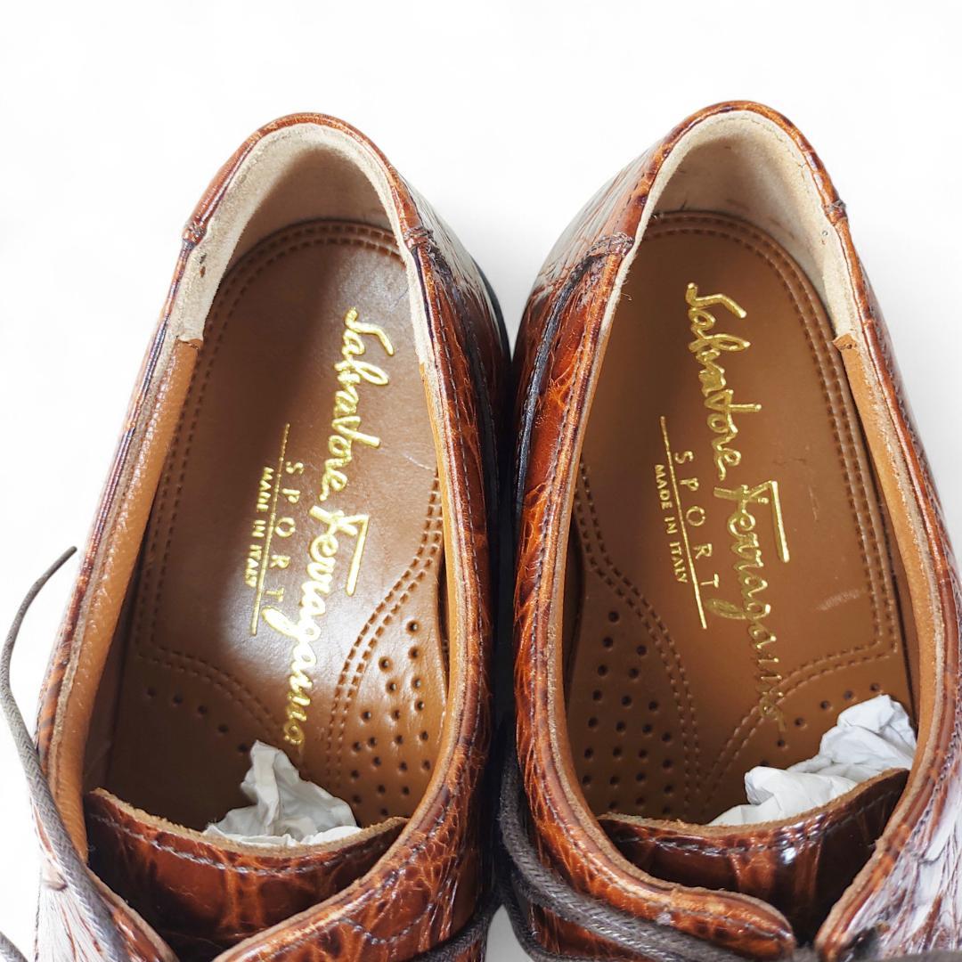 美品|フェラガモ|ゴルフシューズ|クロコダイル型押し|茶|5C|