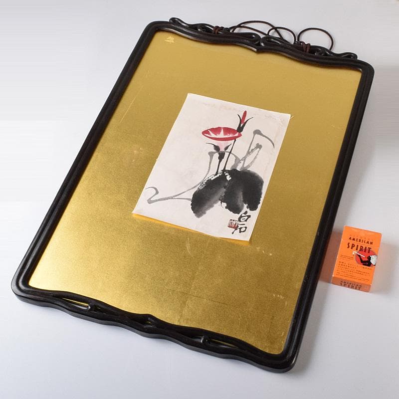 中国　斉白石　水墨画　朝顔図　工芸印刷　時代唐木雲板額　N　7623A