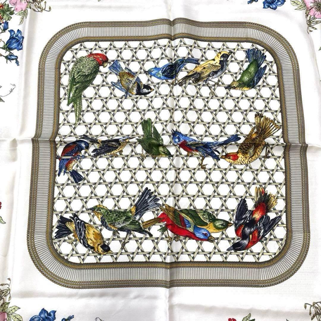 CELINE セリーヌ 花と鳥のプリント 大判スカーフ ネイビー