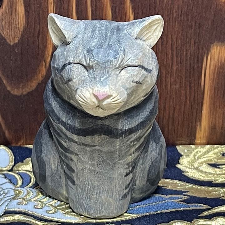 願いが叶う】【幸運 健康 長寿】井波彫刻 野中願児作 木彫り 猫の置物
