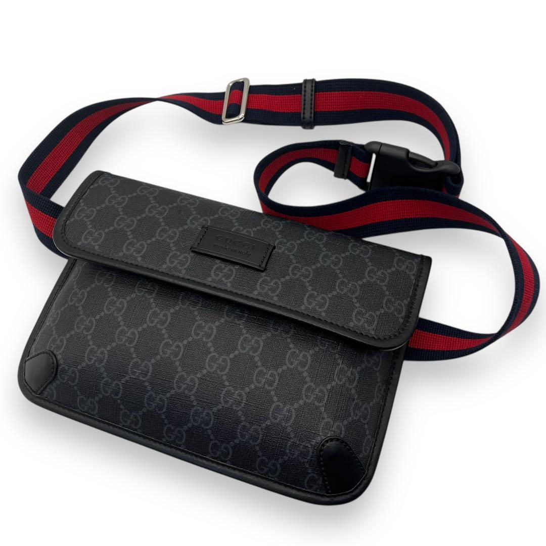 未使用級□グッチGG柄 ベルトバッグ シェリーライン ウェブ ボディ