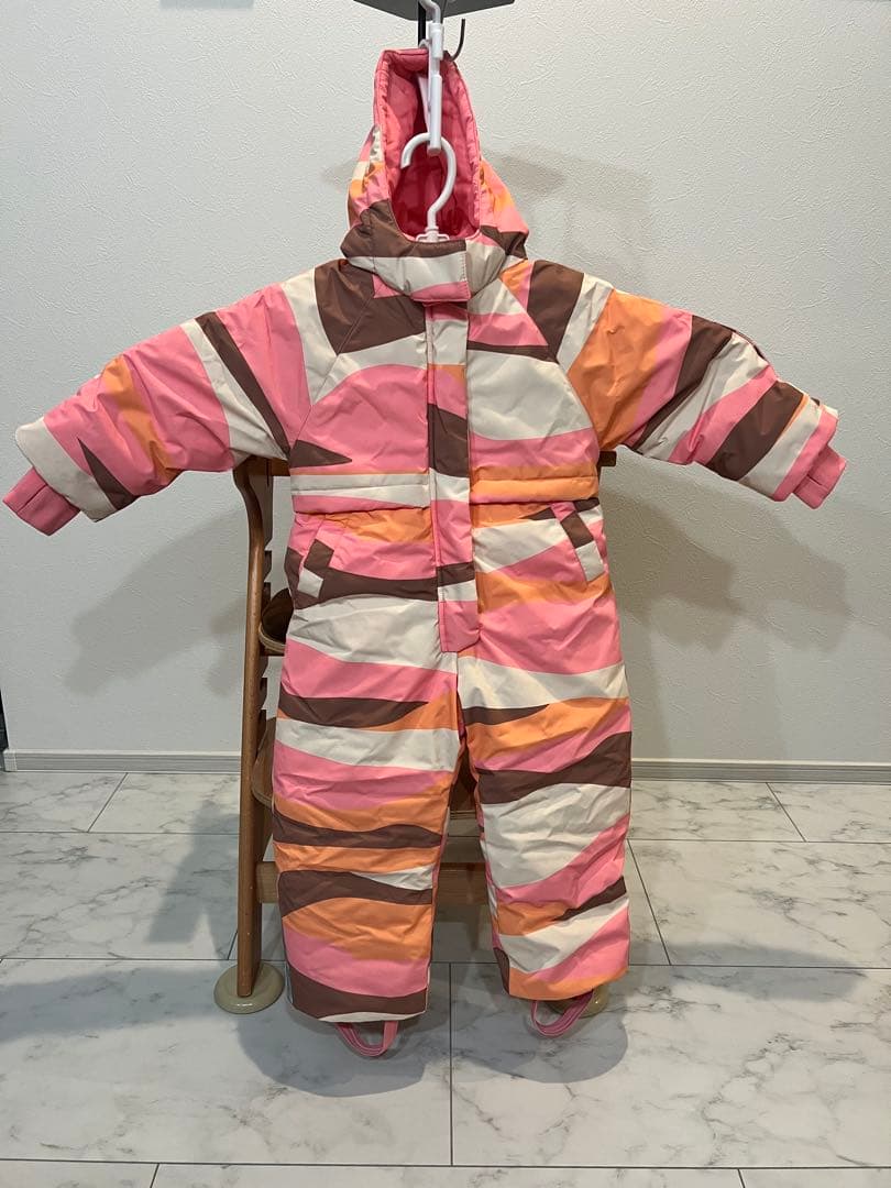 【美品】ZARA 子ども用スキーウェア ピンクストライプ 104cm フード付き防水・防風カラーブロックジャケット スキーコレクション