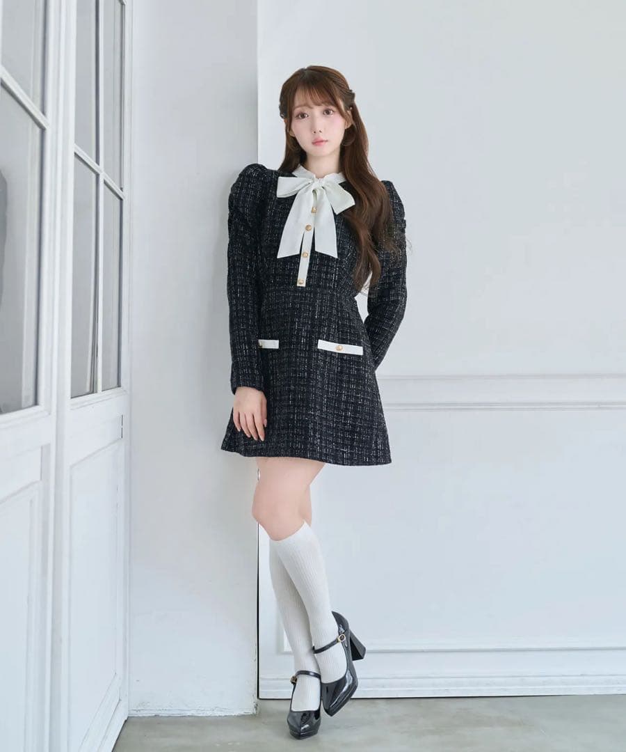 Rosé Muse ribbon tie tweed mini onepiece Ribbon tie tweed mini onepiece – BUNNY APARTMENT