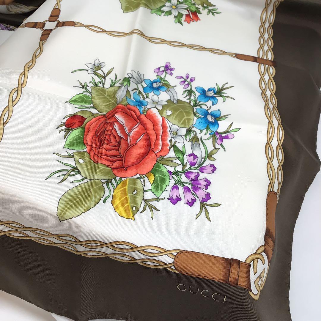 グッチ GUCCI フローラ シルク スカーフ オールドグッチ ビンテージ 茶