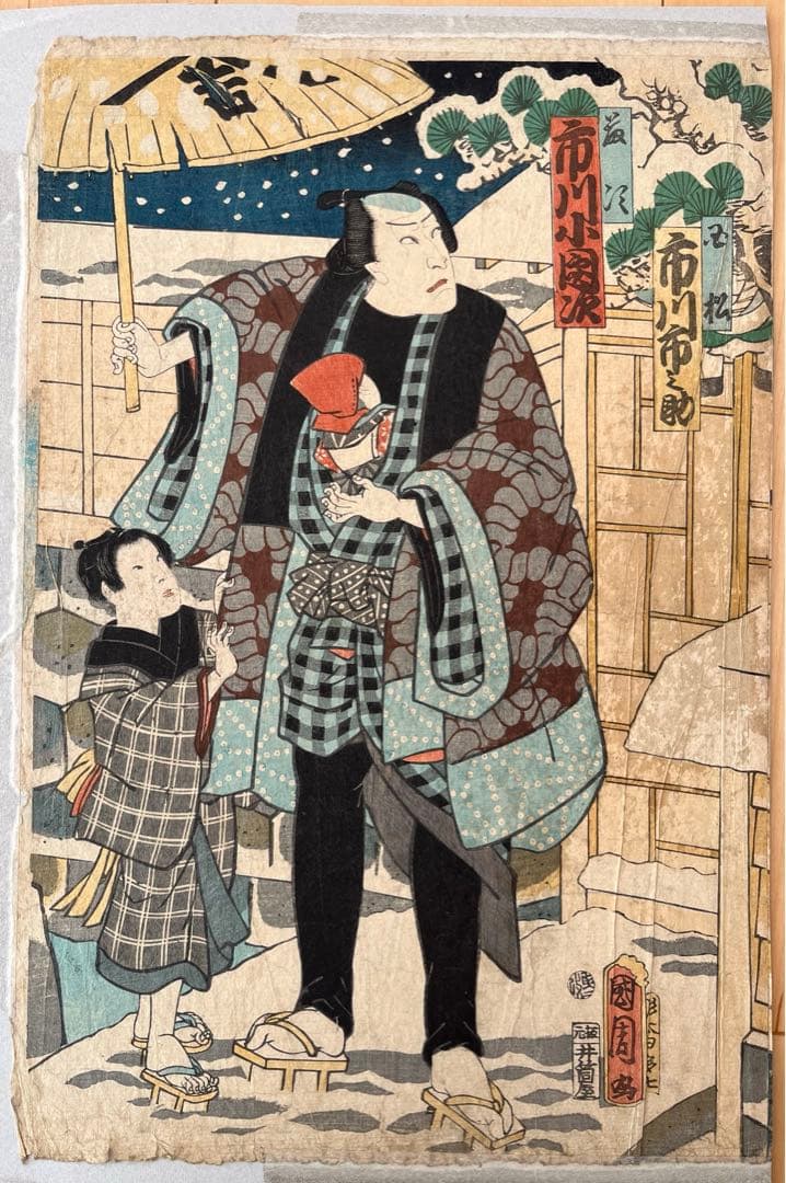浮世絵 豊原國周 木版画 歌舞伎絵 役者絵 アンティーク 骨董画 2連
