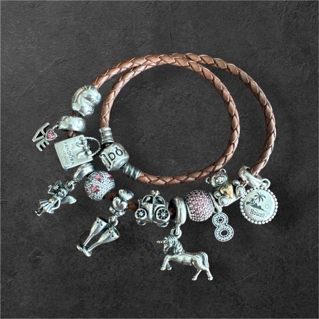 Pandora チャームブレスレット レザー Amazon | Pandora Moments ダブルウーブンレザーブレスレット シルバー
