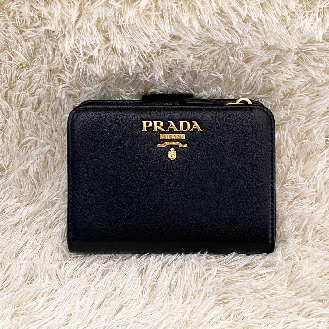 極美品箱付きPRADA プラダ折り財布レザー×ナイロンゴールド