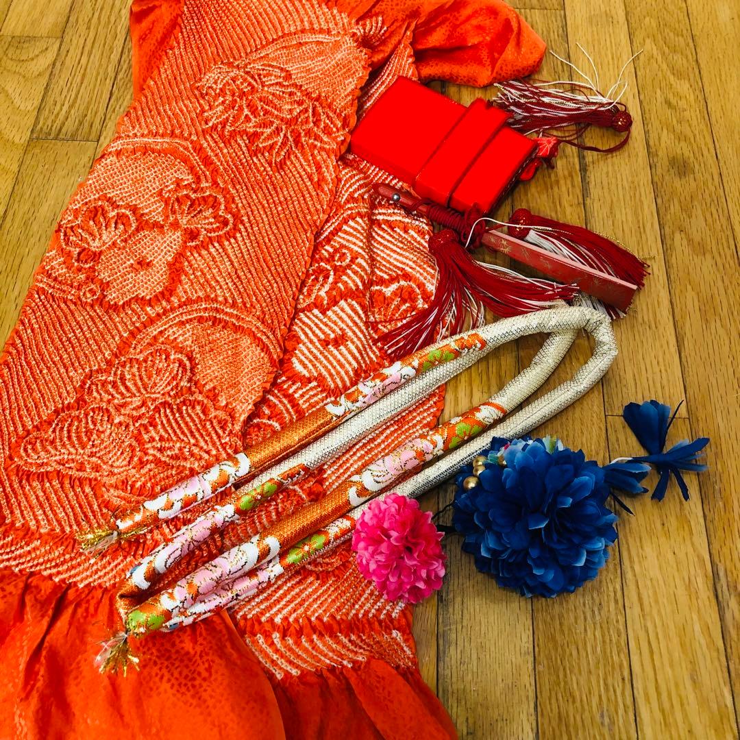 七五三七歳❣️豪華絞り柄アシメトリ花金彩⭐︎正絹全通