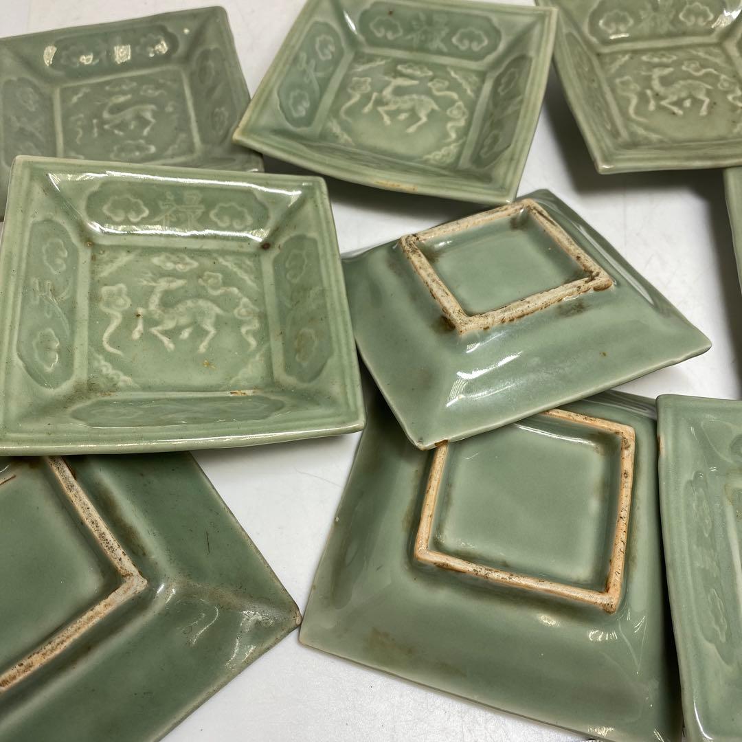 江戸後期 三田青磁唐文 角皿 9枚 東キ8-0123☆2F